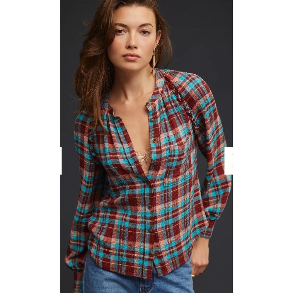 Pilcro Breezy Plaid Button Up Shirt Ruffle Trim Berry Aqua Size M